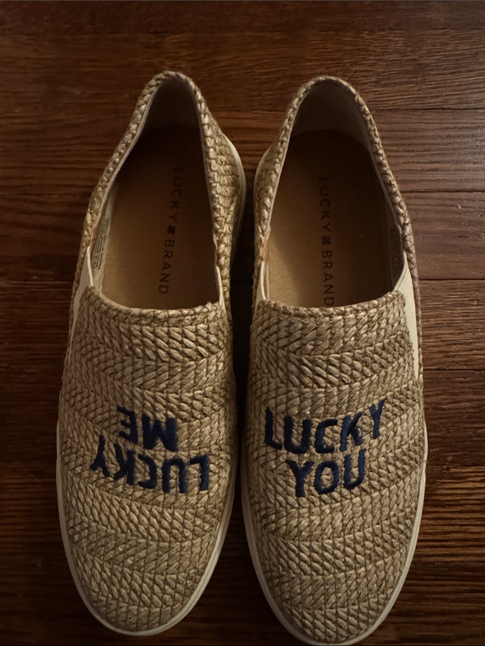Lucky Brand Tan Woven Slip-On Sneakers with Navy Embroidery, 7.5